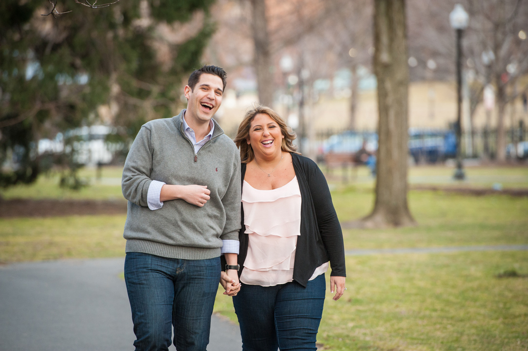 walking and laughing boston engagement session
