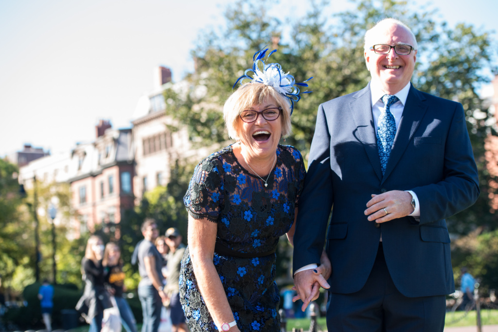 couple laughing after private wedding at boston public garden